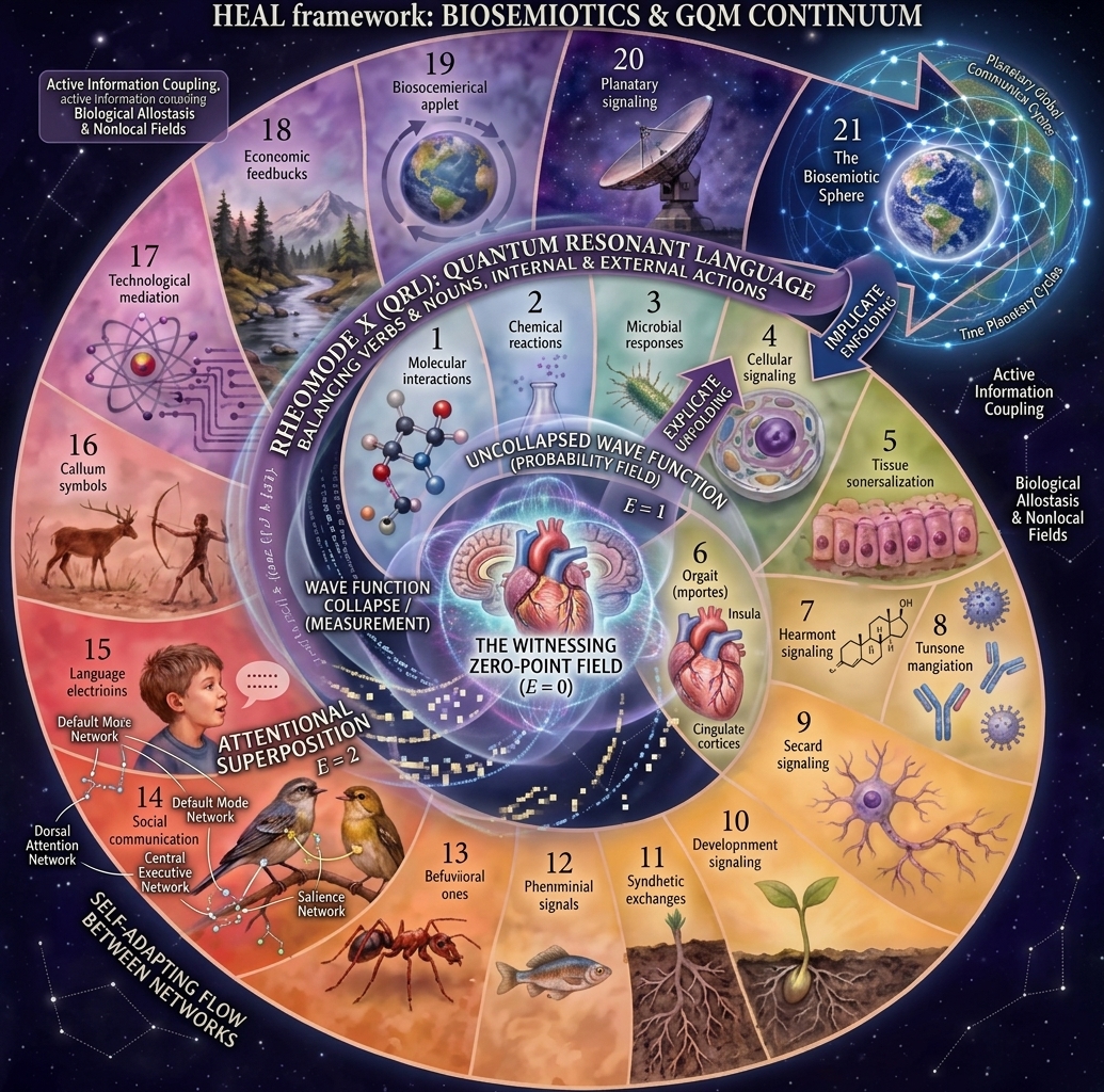Circular HEAL framework diagram of the biosemiotics and GQM continuum, spiralling from molecular interactions to the planetary biosemiotic sphere around a witnessing heart-brain zero-point field