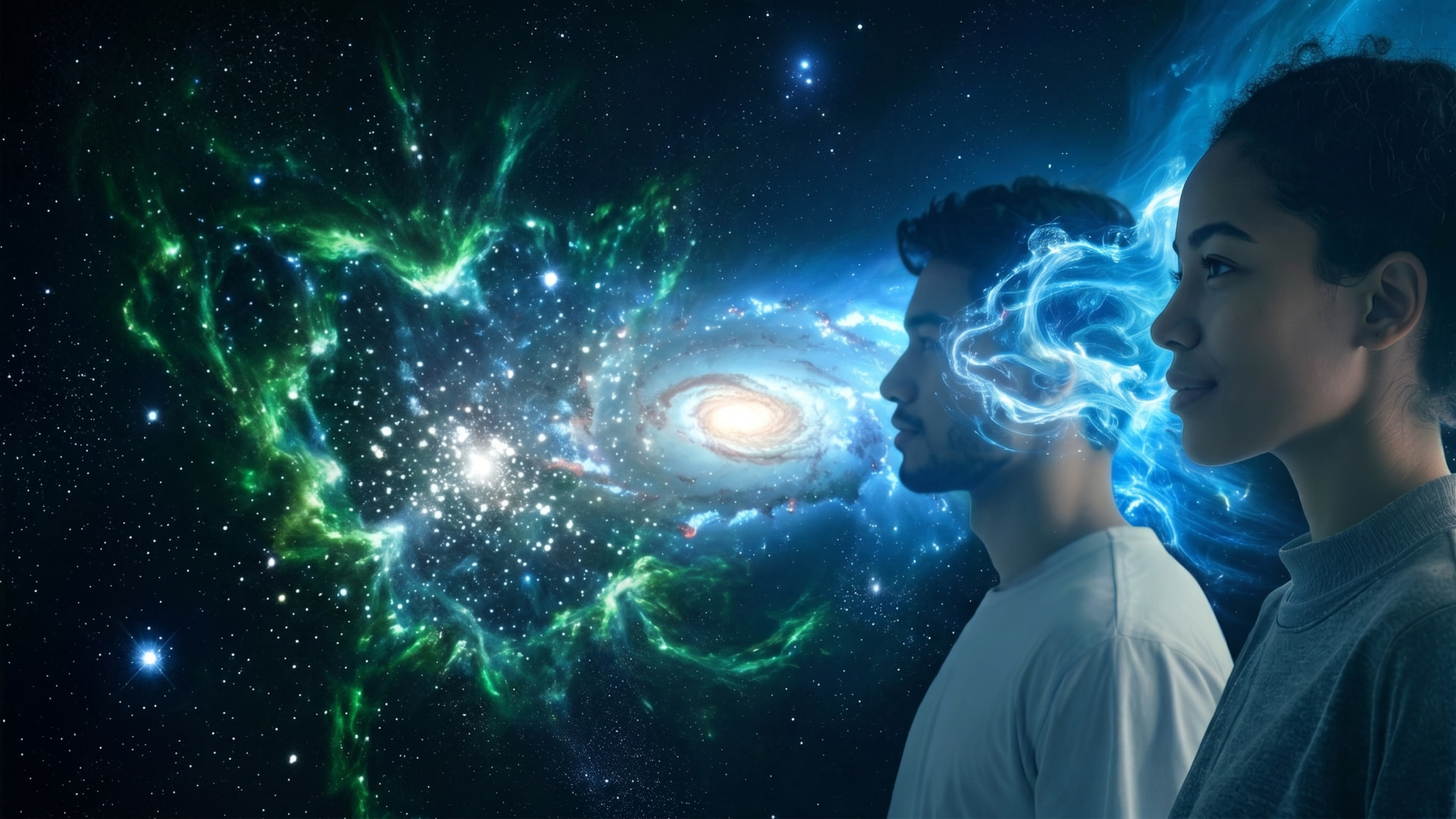 Two people in profile before a starlit galaxy, luminous energy flowing around them