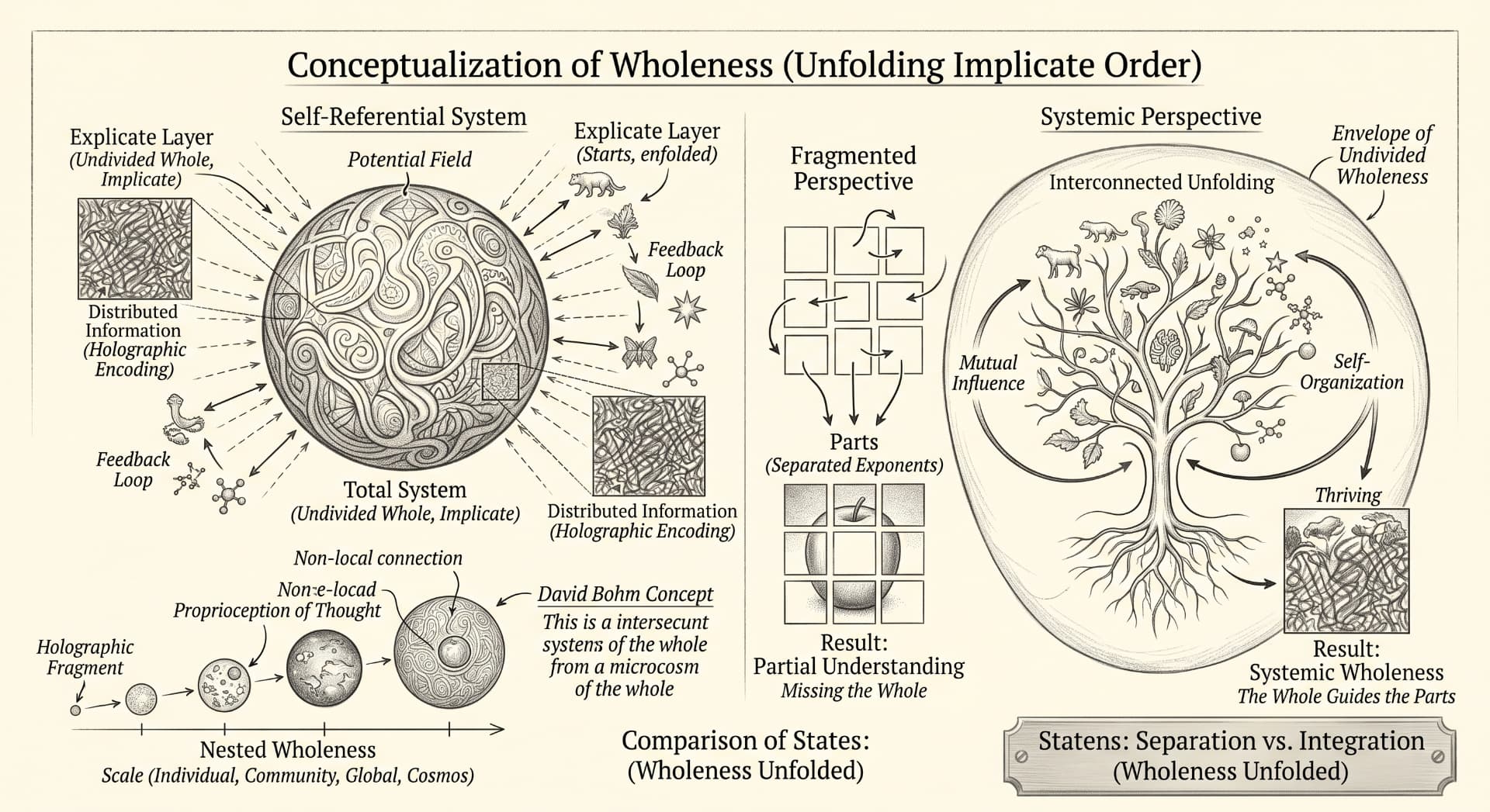 Conceptualization of Wholeness diagram: a self-referential undivided system, a fragmented perspective of separated parts, and a systemic perspective where the whole guides the parts