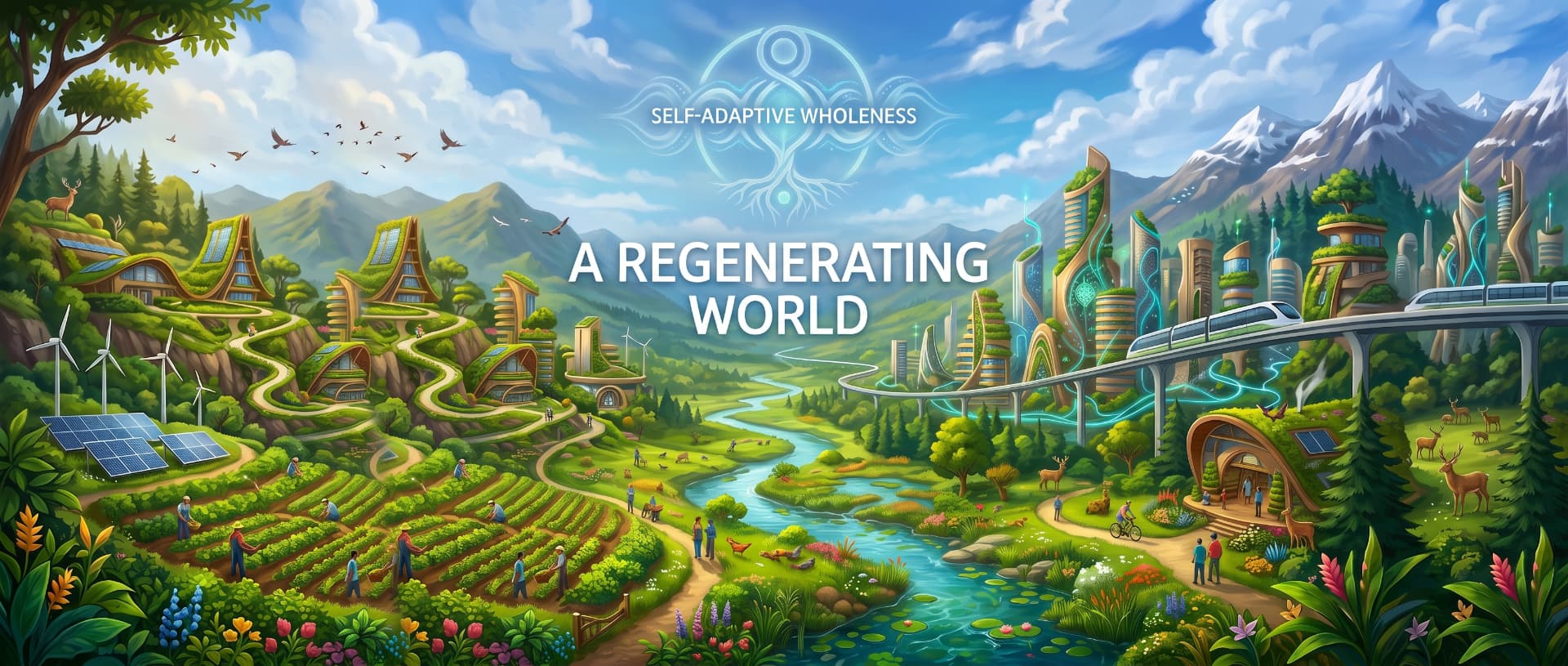 A regenerative solarpunk valley integrating green architecture, renewable energy, and vibrant nature under a bright sky