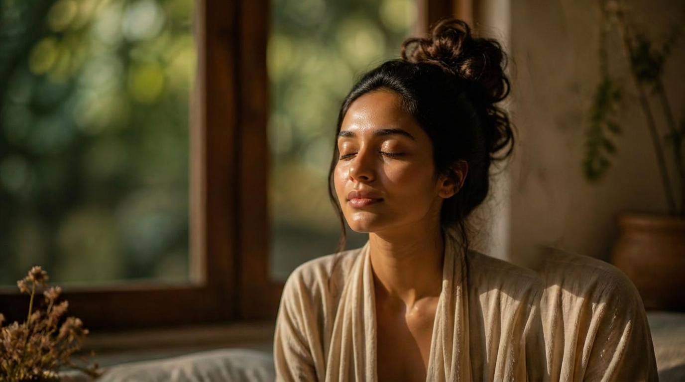 A person in deep meditation, eyes half-open in content stillness — the body as a living laboratory