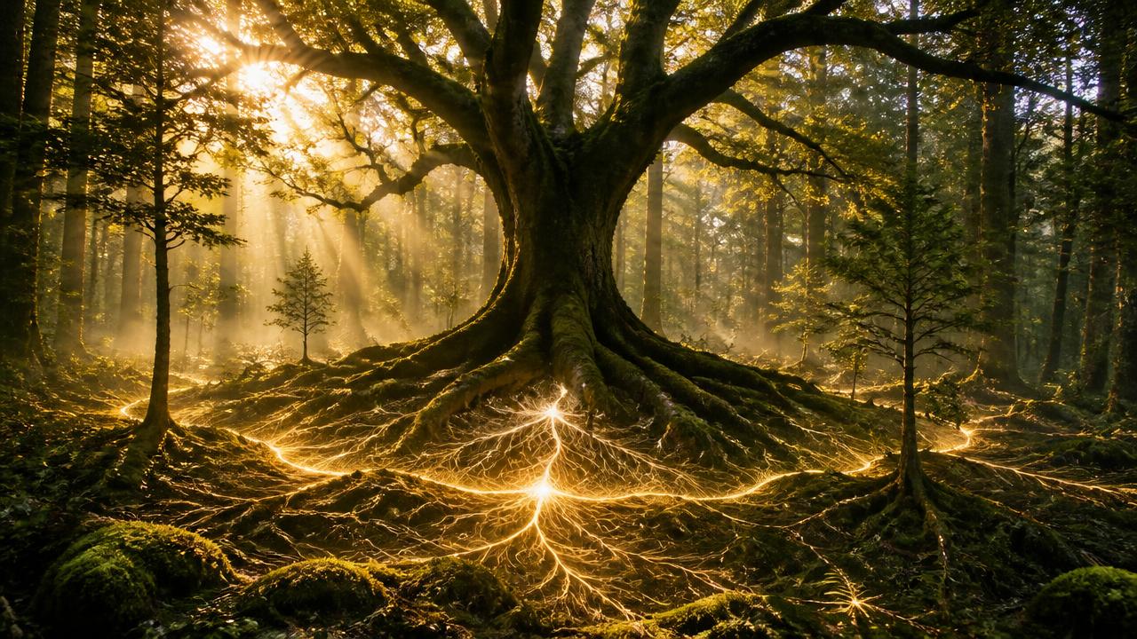 A mother tree connected to surrounding trees through a luminous mycelial network