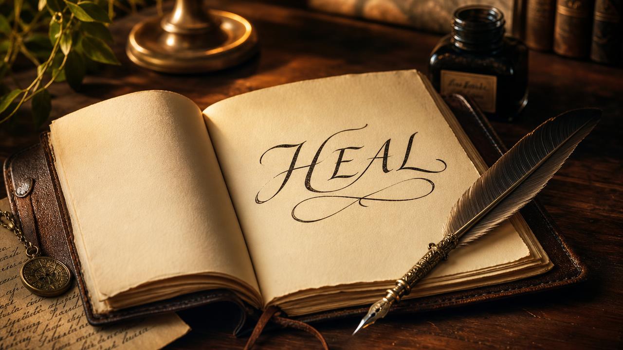An open notebook with the word HEAL written in ink, a feather quill pen resting beside it