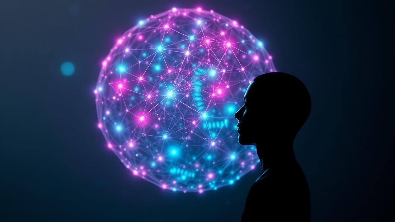 A contemplative figure in profile before a luminous network sphere, evoking inner development through HEAL-AI