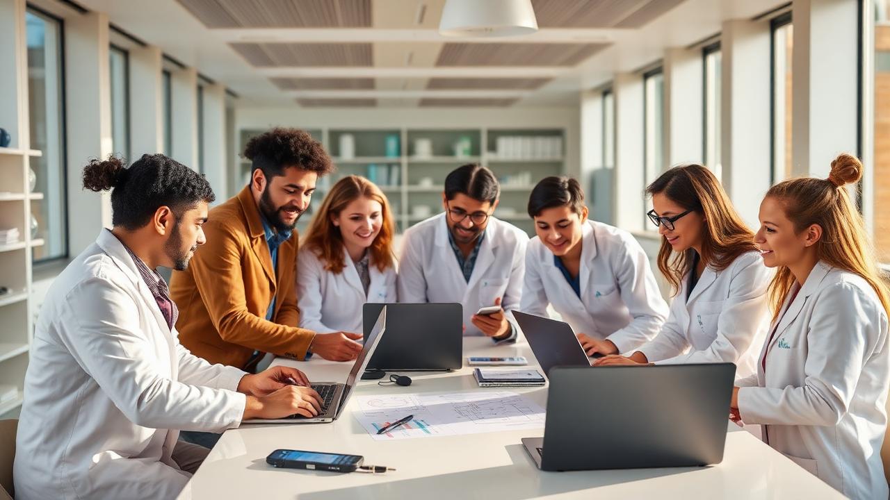 Diverse researchers collaborating around a bright table