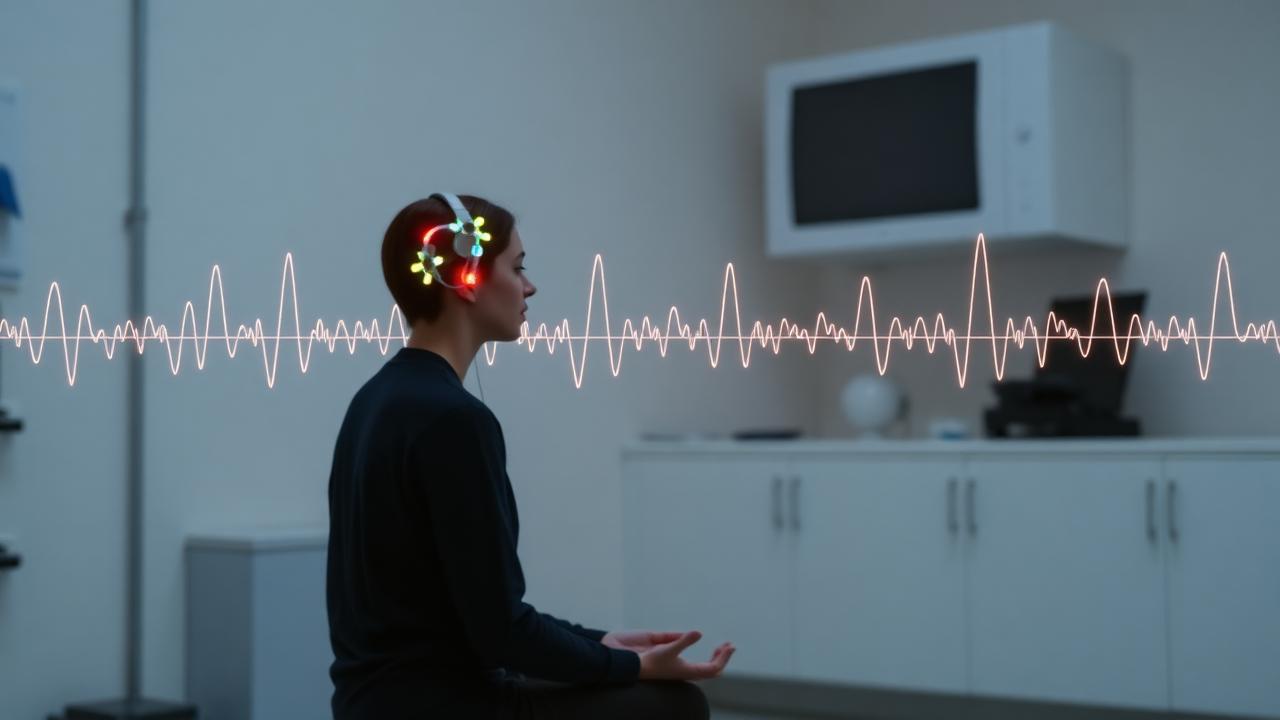 A person in quiet meditation surrounded by biofeedback waveforms