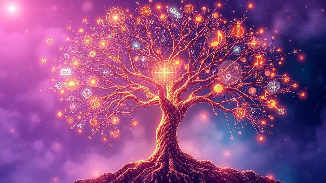 A luminous tree whose branches carry symbols of many disciplines